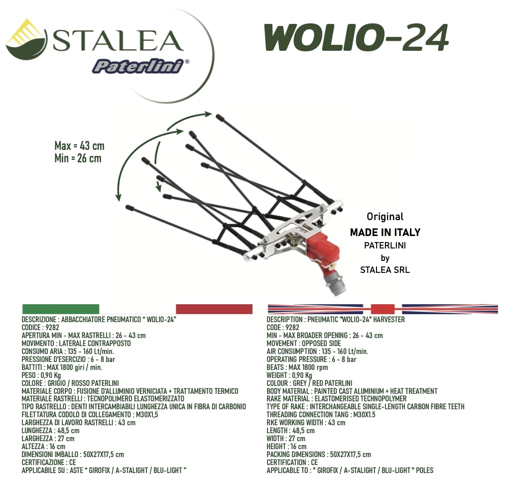 PATERLINI Abbacchiatore Pneumatico Professionale per Raccolta Olive - Scuotitore Raccogliolive ad Aria Compressa, Leggero e Potente - Ideale per Raccogliere Olive Velocemente (WOLIO-24)