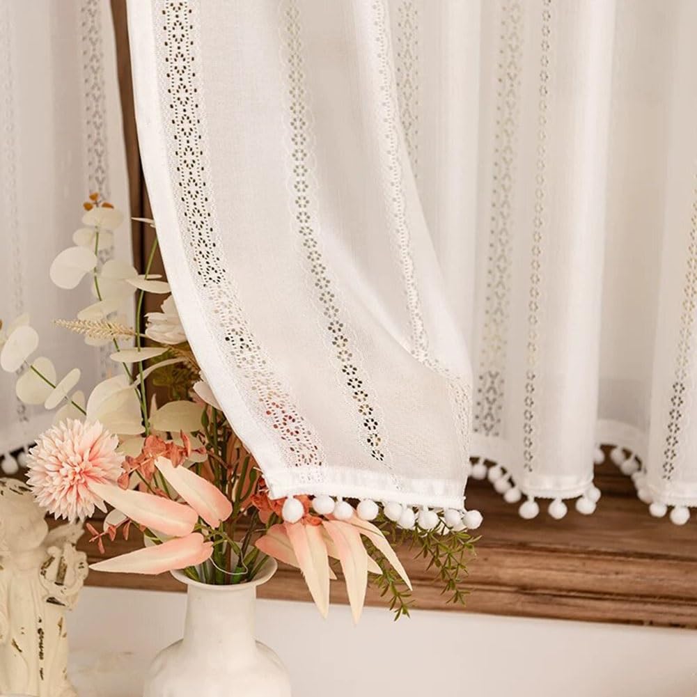 Rideaux en Dentelle Blanc avec Pompons, 2 Pièces Rideau Florales au Crochet de Ferme Française Filtre la Lumière Poche de Tige pour Armoire Salon(WxH150x220cm/59x86inch)