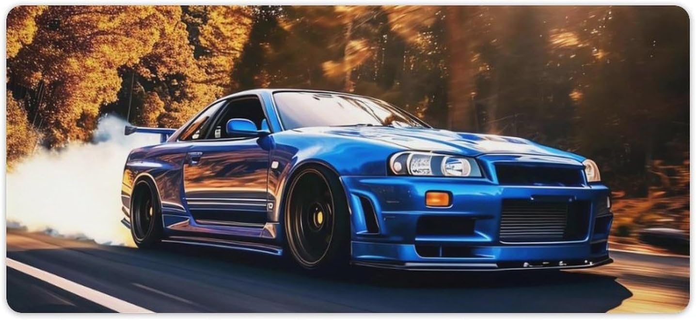 Car Mouse Pad Blue JDM R34 Drift Sport Large Extended Gaming Mat, 35.4" x 15.7" Non-Slip Rubber Base Keyboard Desk Accessory for Laptop Office