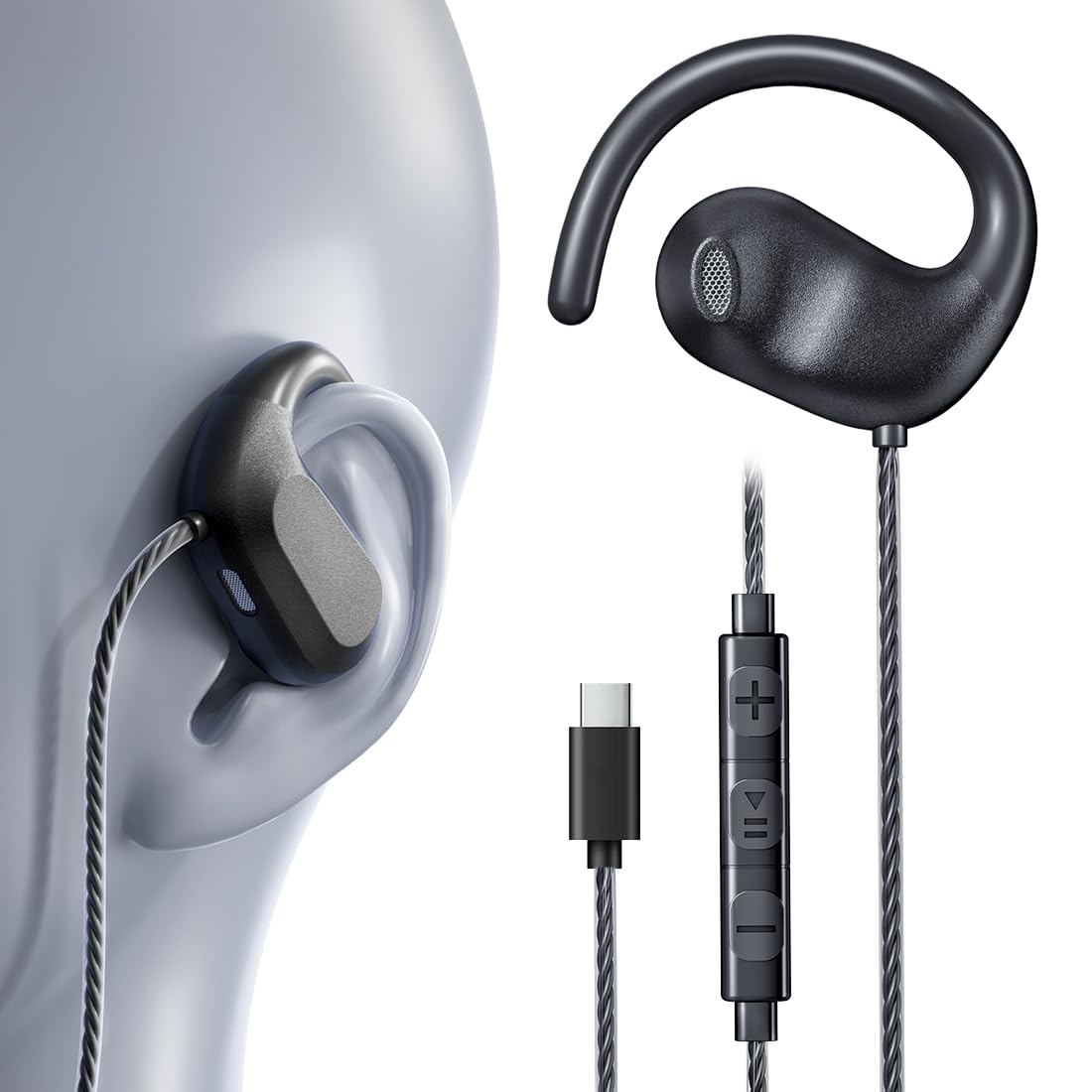 USB C Headphones Wired Earbuds Type c | Open Ear Headphones with Mic | Running Earbuds with Rotatable Earhook & Volume Control for iPhone 15 & 16, Samsung, Android USB C Phones, Tablets & Laptops-image-34