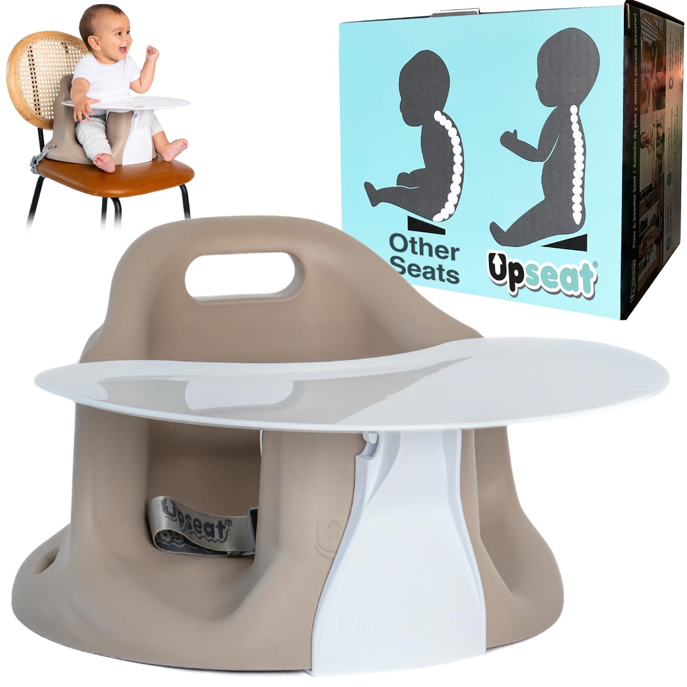 Upseat – The Original Ergonomic Baby Floor & Booster Seat with Tray, Developed with Physical Therapists for Upright Posture & Healthy Hip Development, 4–24 Months, Extra-Large Tray (Taupe)