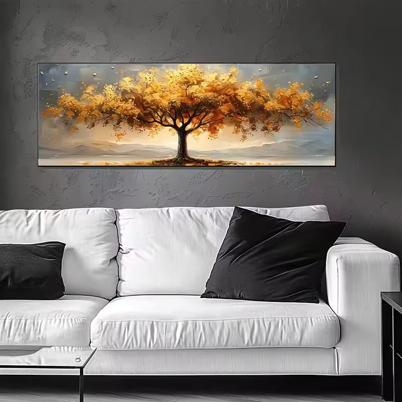 IHHGNB Cuadros en lienzo con diseño del Árbol de la Vida de hojas doradas, arte abstracto moderno para pared, pósteres e impresiones de árboles, decoración de imágenes (65x200cm (26x79in)/Sin marco)