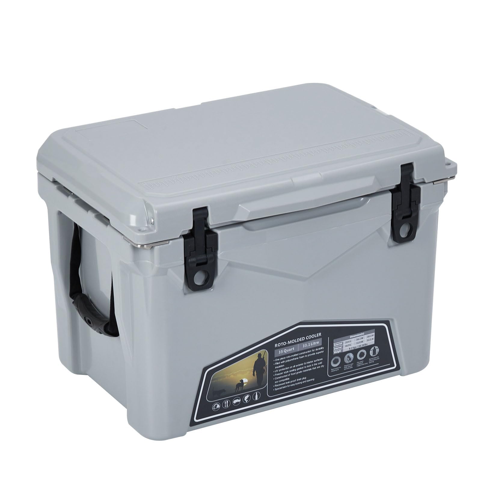 Cooler Box 33L, Rotomolded Portable Ice Chest with 5-Day Ice Retention, Heavy Duty Insulated Small Camping Cooler with Built-in Cup Holder, Fish Ruler & Drain Plug for Beach, Fishing, BBQ, Picnic