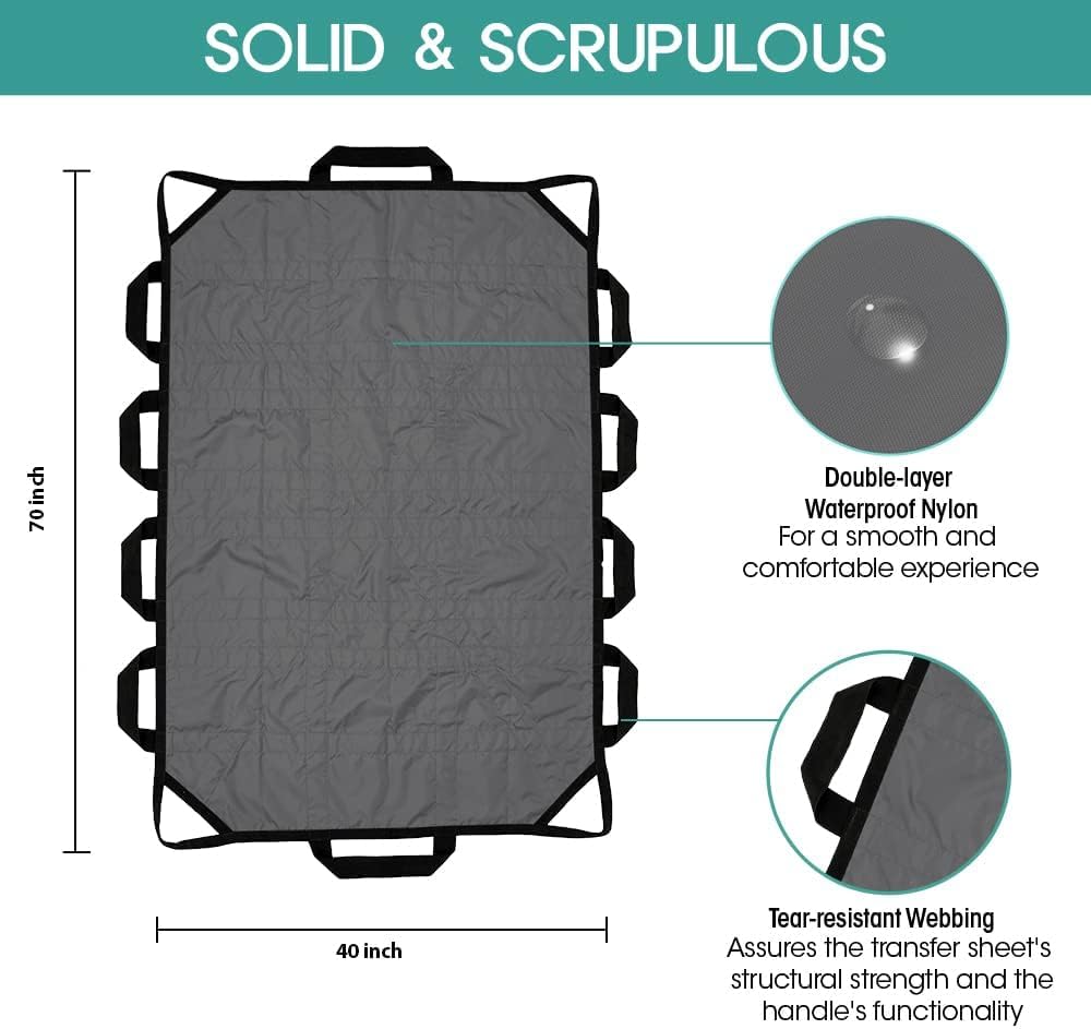 Bed Positioning Pad with Reinforced Handle 70" X 40" Multipurpose Waterproof Transfer Sheet for Turning Lifting & Sliding Reusable Washable Patient Positioning Sheet for Bedridden Caregiver Gray