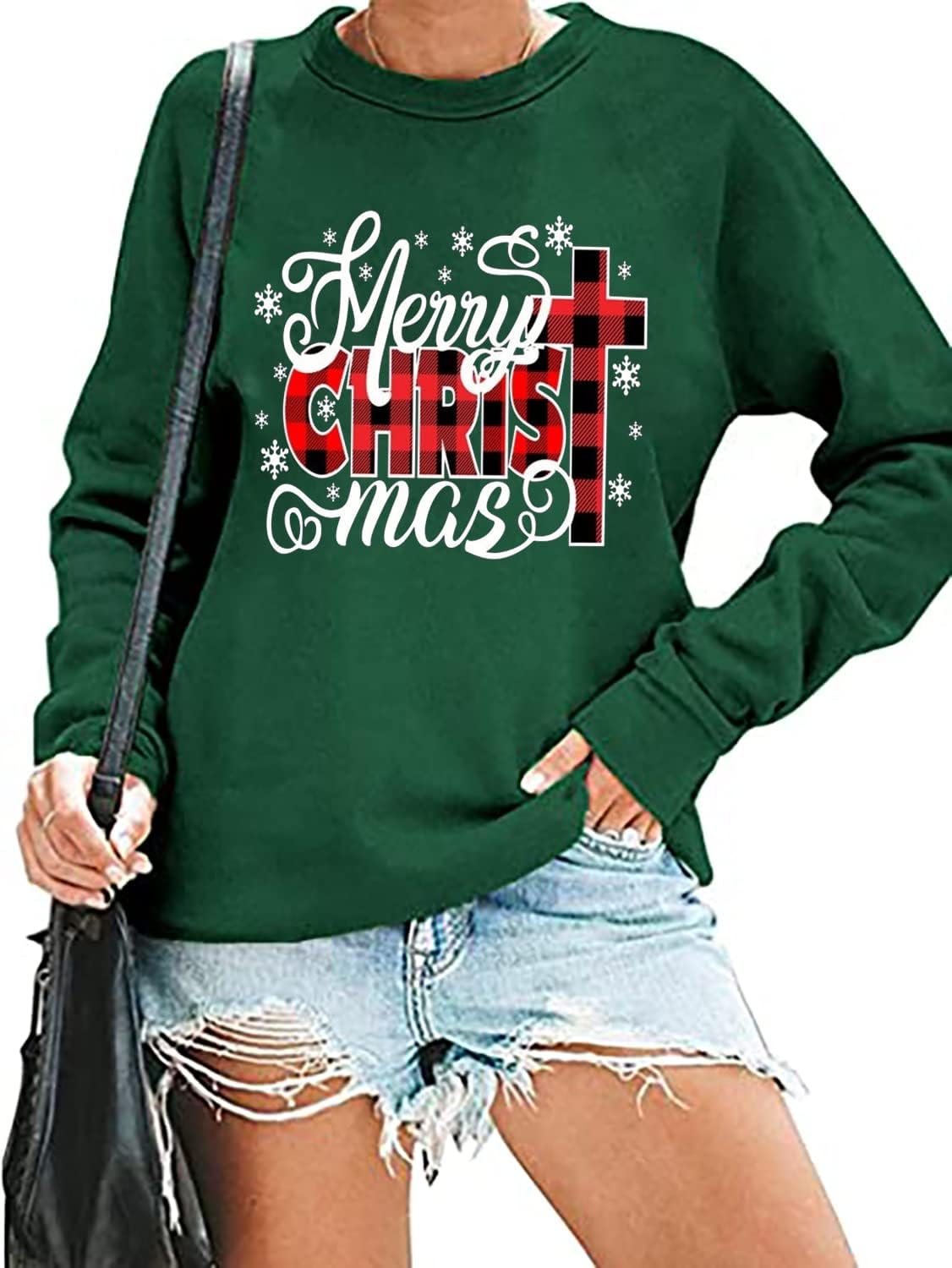 RFBIQI Merry Christmas Sweatshirt Women Jesus Cross Graphic Shirt Buffalo Plaid Printed Xmas Pullover Casual Long Sleeve Tops - Image 2