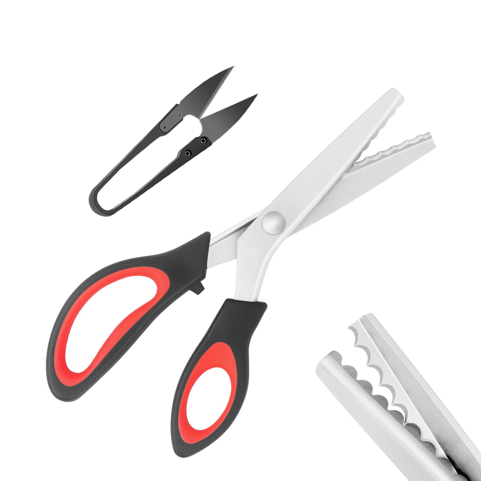 KUONIIY Pinking Shears Scalloped, Wavy Pinking Scissors, Sharp Stainless Steel Blades，Comfort Grips Handled, Professional Dressmaking Sewing Craft, 9.4 Inch, Black Red
