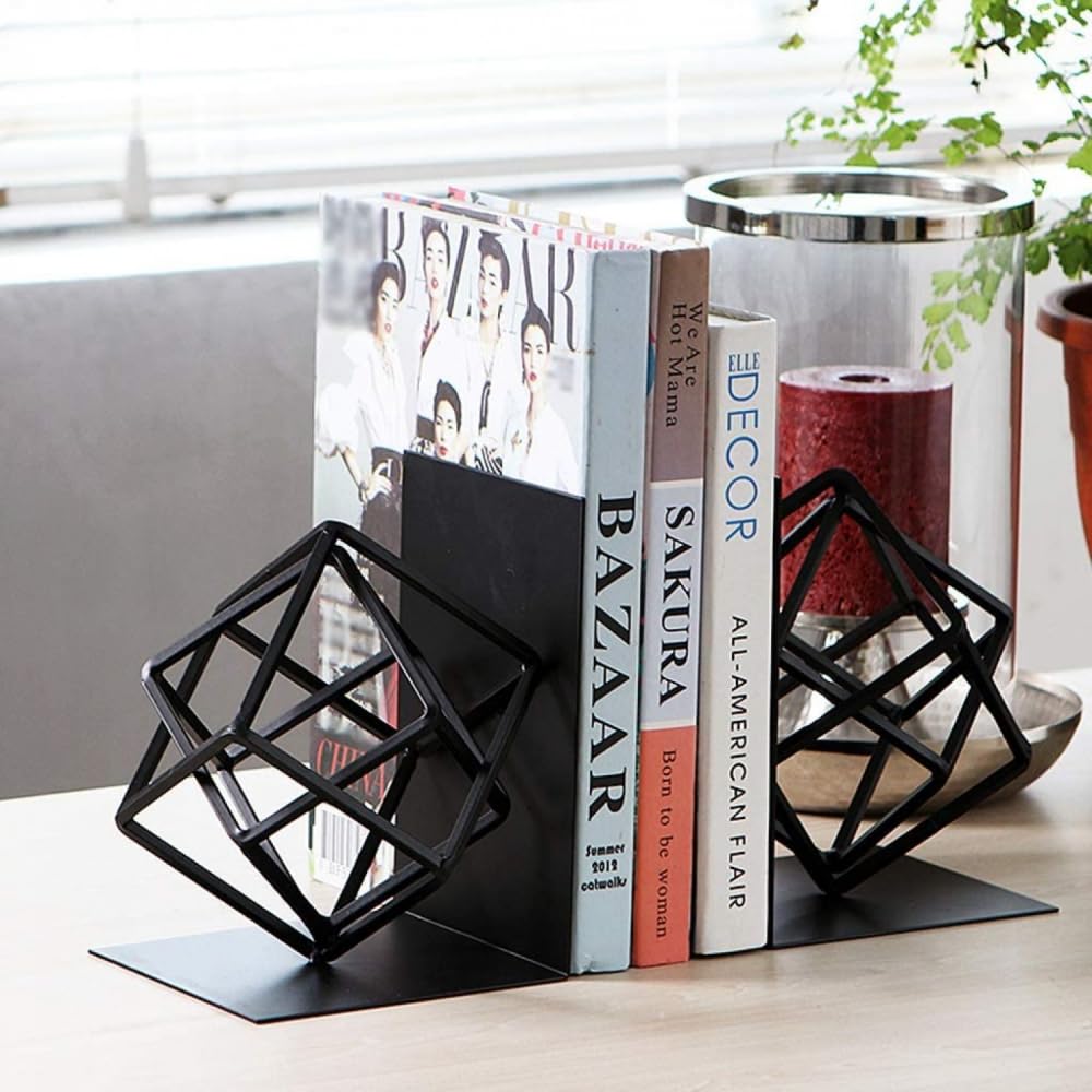 Buchstützen, einzigartiges geometrisches Design, Buchstützen, dekorative Buchstützen aus Metall, unterstützt 1 Paar (schwarz) Buchstützen für Regale
