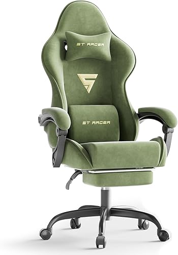 Ferghana Silla ergonómica de tela de terciopelo para videojuegos con reposapiés y masaje, respaldo alto, silla reclinable para computadora para