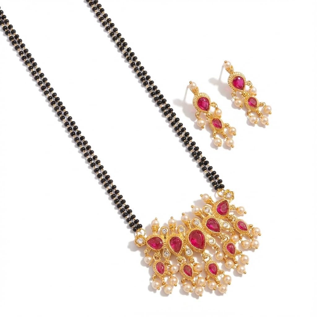 Traditional Gold-Plated Chandbali Tanmani Pendant Mangalsutra Set with Matching Earrings | Ruby & Pearl Stone-Studded Bridal Jewelry | Micro-Polish Finish-image-25