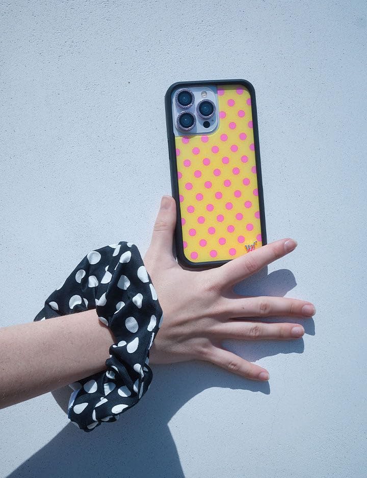 Image of Wildflower Cases - Compatible with iPhone 16 Pro Max | Protective Black Bumper, 6.5ft Drop Test Certified, Women Owned Small Business | Spots Aesthetic Trendy Cute | Polka Dot - Pink and Yellow