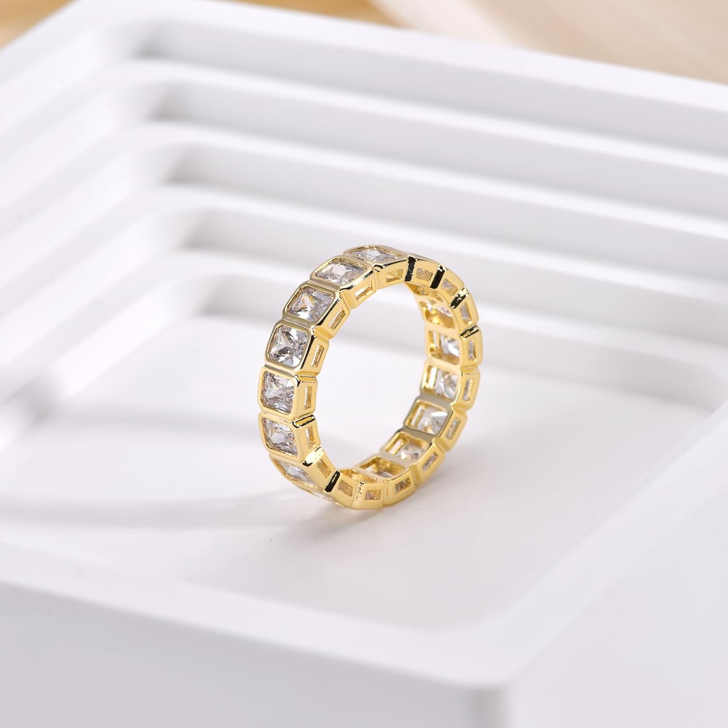 Cubic Zirconia Engagement Rings for Women Emerald Cut Baguette Fake Wedding Band Gold Plated Eternity Promis Ring Size 4-9 - Image 6