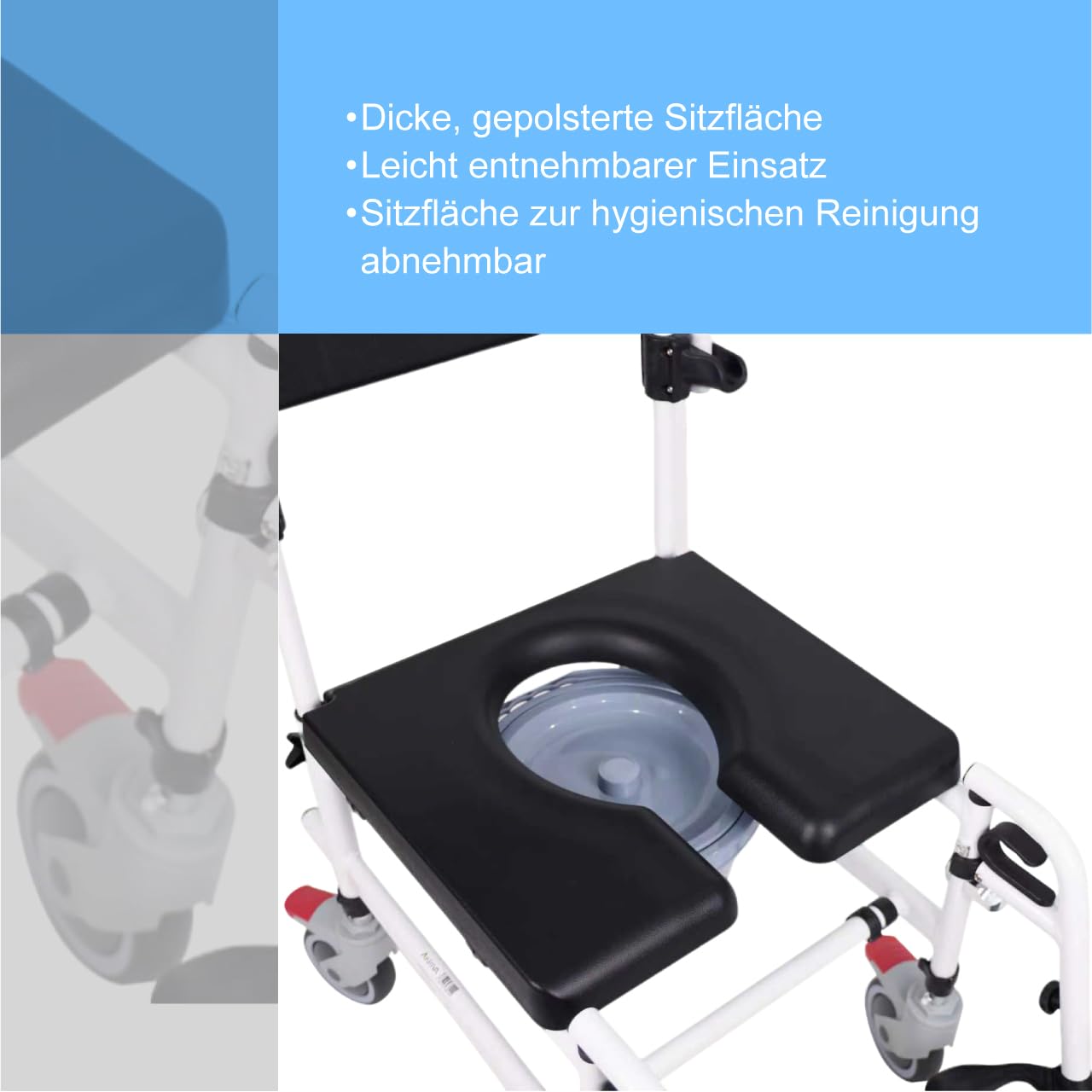 Akriva fahrbarer Toilettenstuhl mit verstellbarer Sitzhöhe aus Aluminium mit gepolsterter Sitzfläche und Eimer - Toilettenrollstuhl - Zimmerrollstuhl - WC-Rollstuhl