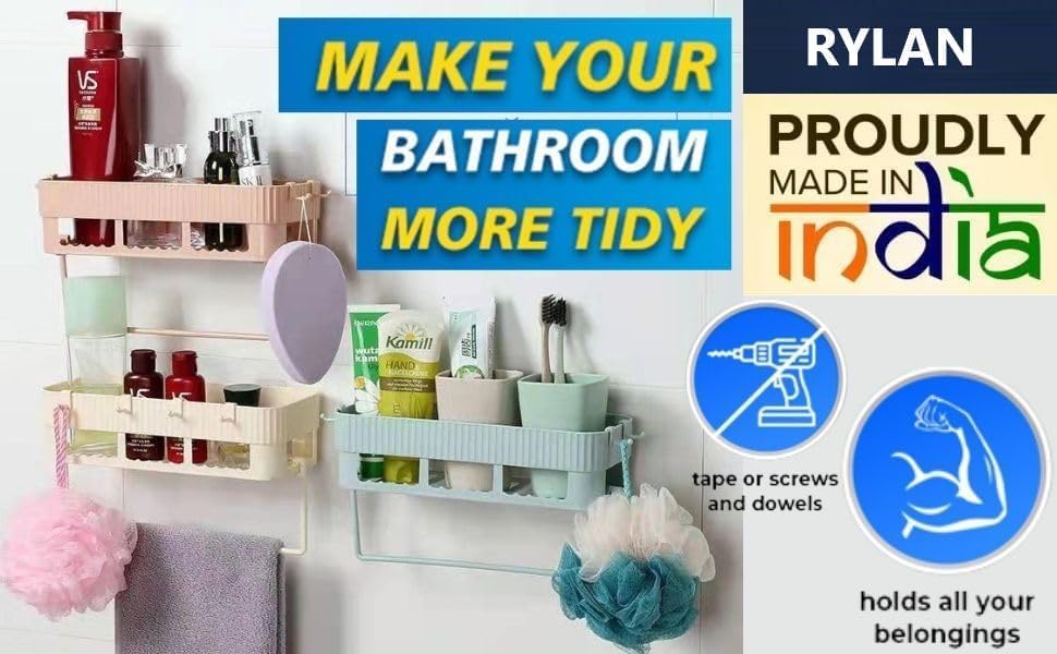 Image of TEKCOOL Plastic Bathroom Accessories 1 Pack, Bathroom Organizer, Bathroom Rack, Bathroom Shelf for Wall, Bathroom Stand, Self Adhesive Bathroom Shelf, Washroom Accessories, Bathroom Racks and Shelves