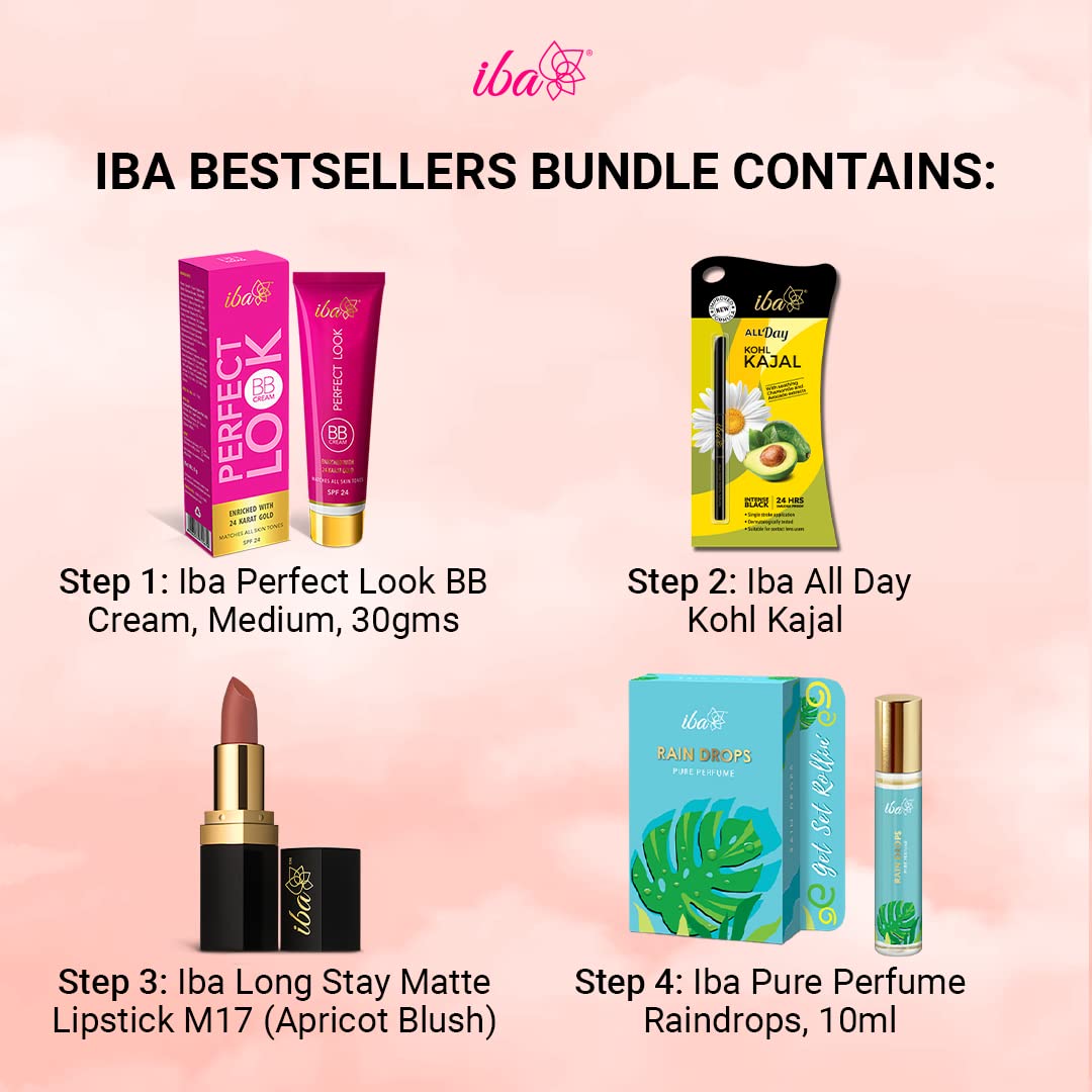 Iba Bestsellers Bundle Rain Drops Perfume, Kohl Kajal, BB Cream(Medium Shade), Lipstick | Halal Certified & Vegan Makeup (Combo of 4)