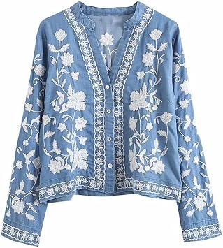 HEYDHSDC Women Denim Cardigan Blouse Poncho Embroidery Drop-Shoulder Kimono Blouse Button Up Jeans Kimono
