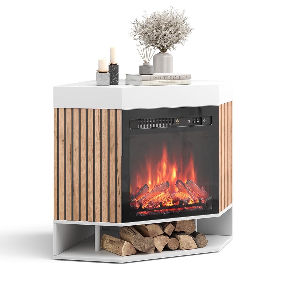 Vicco Caminetto elettrico "Lynea", Bianco, 100 cm con effetto fiamma realistico e riscaldatore da 1800W, installabile a parete con telecomando e temperatura regolabile