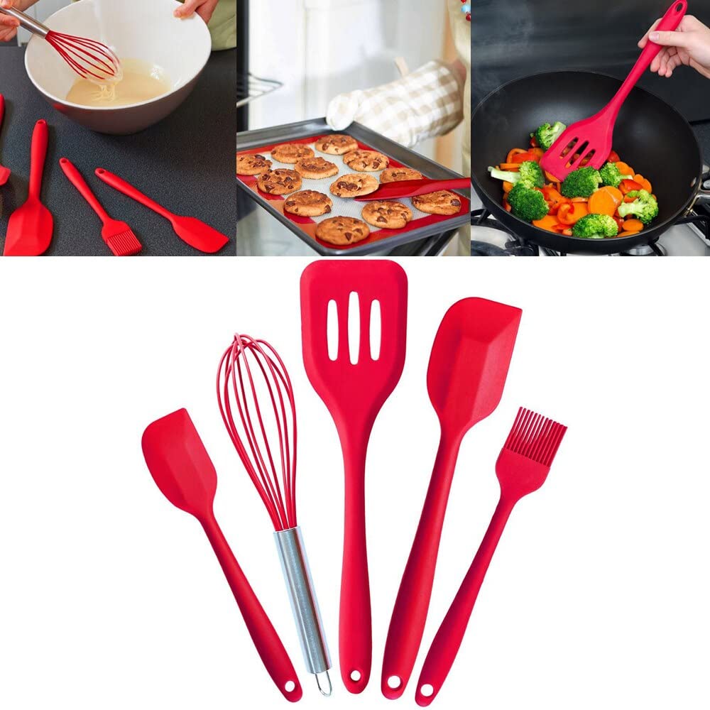 ADBI's - Espátulas de silicona resistentes al calor, juego de utensilios de cocina, herramientas de cocina, batidor, cepillo, regalo para mujeres y hombres (rojo)