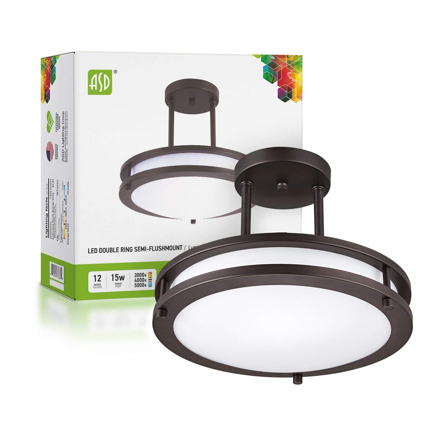ASD LED 12 Inch Round Semi Flush Mount Light Fixture | 15W 1050LM 3000K-5000K 120V | 3CCT, Dimmable, ETL Listed | Close to Ceiling Chandelier, Double Ring Lighting | Dark Bronze
