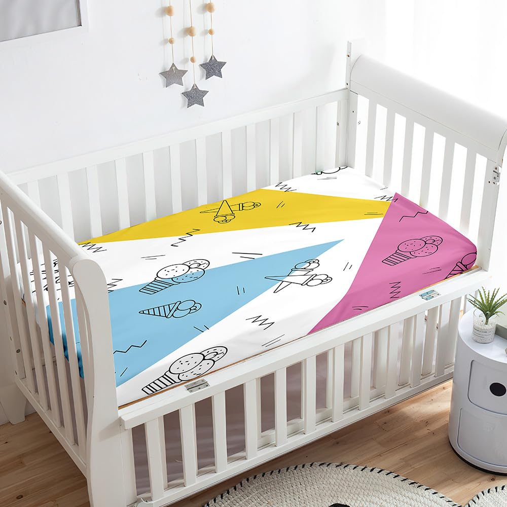Odot Cot Bed Sheets, Ice Cream Print Bedside Cribs Fitted Sheets, Baby Bed Sheets Microfiber Cot Bed Mattress Protector, Bassinet Sheets, Easy Care Soft and Dureable (Geometric,55x90 cm)