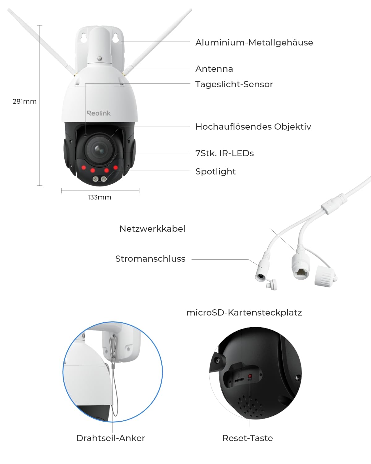 Reolink 4K Überwachungskamera Aussen, 5X Optischem Zoom, Auto-Tracking | Wi-Fi 6 Kamera Outdoor, 2,4/5GHz WLAN, 360° Ansicht, 60m Vollfarb-Nachtsicht, 2-Wege-Audio und AI-Erkennung, RLC-823S1W