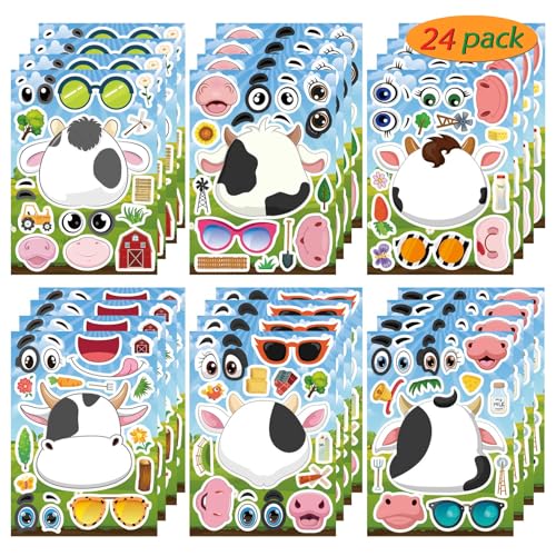 DUJAA 24 calcomanías de vacas multicolores para niños, hojas de calcomanías con patrones de vaca para manualidades y decoración en plástico, metal, vidrio y pared