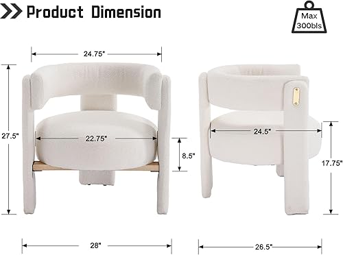 Miniatura 2 de White Boucle Barrel - Silla decorativa de barril, cómoda silla tapizada para sala de estar, silla de lectura moderna de mediados de siglo con