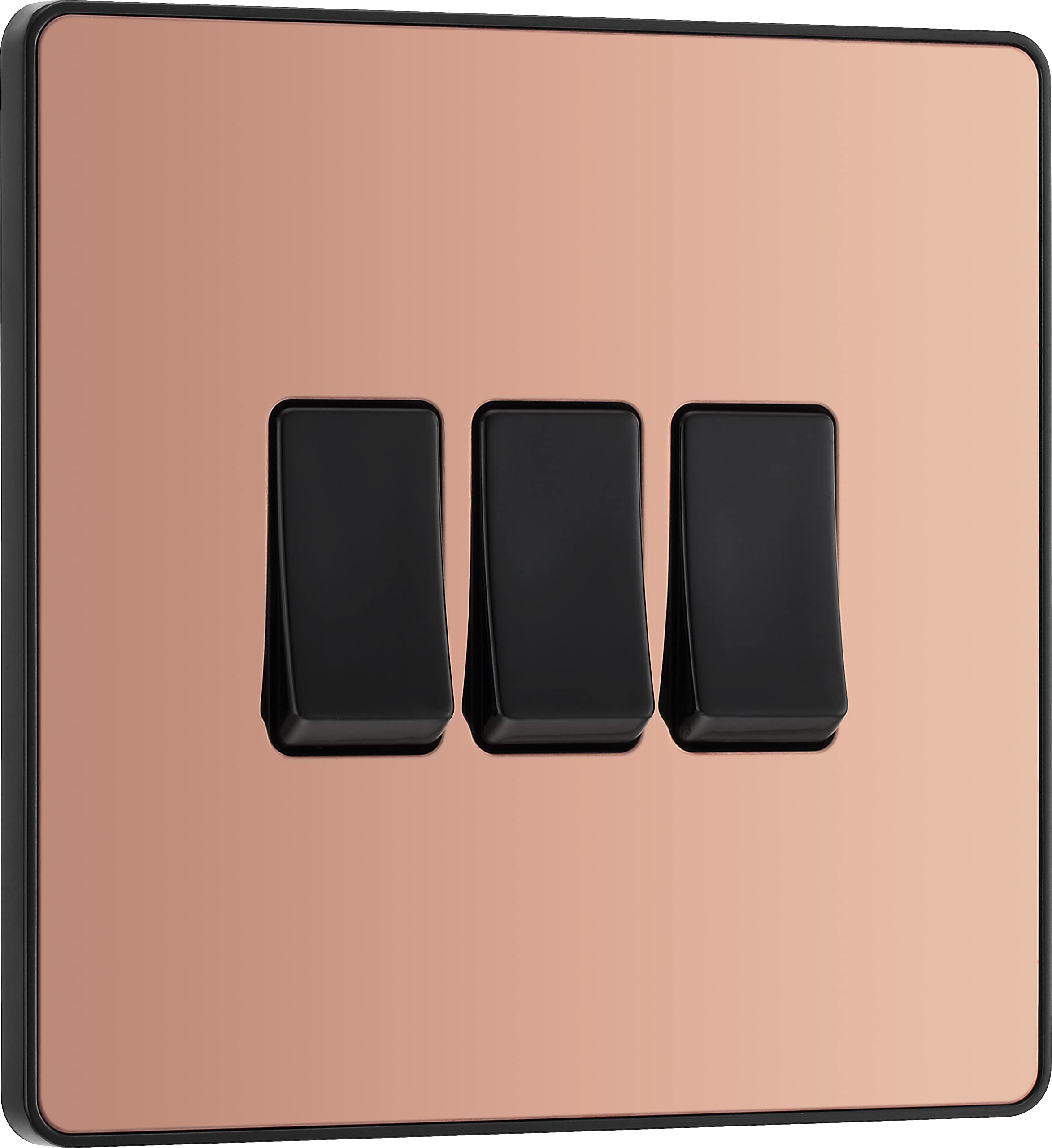 BG Electrical Triple Wall Light Switch, 2 Way, Screwless Front Plate, Round Edges, Evolve, Polished Copper, 20A, 16AX, PCDCP43B
