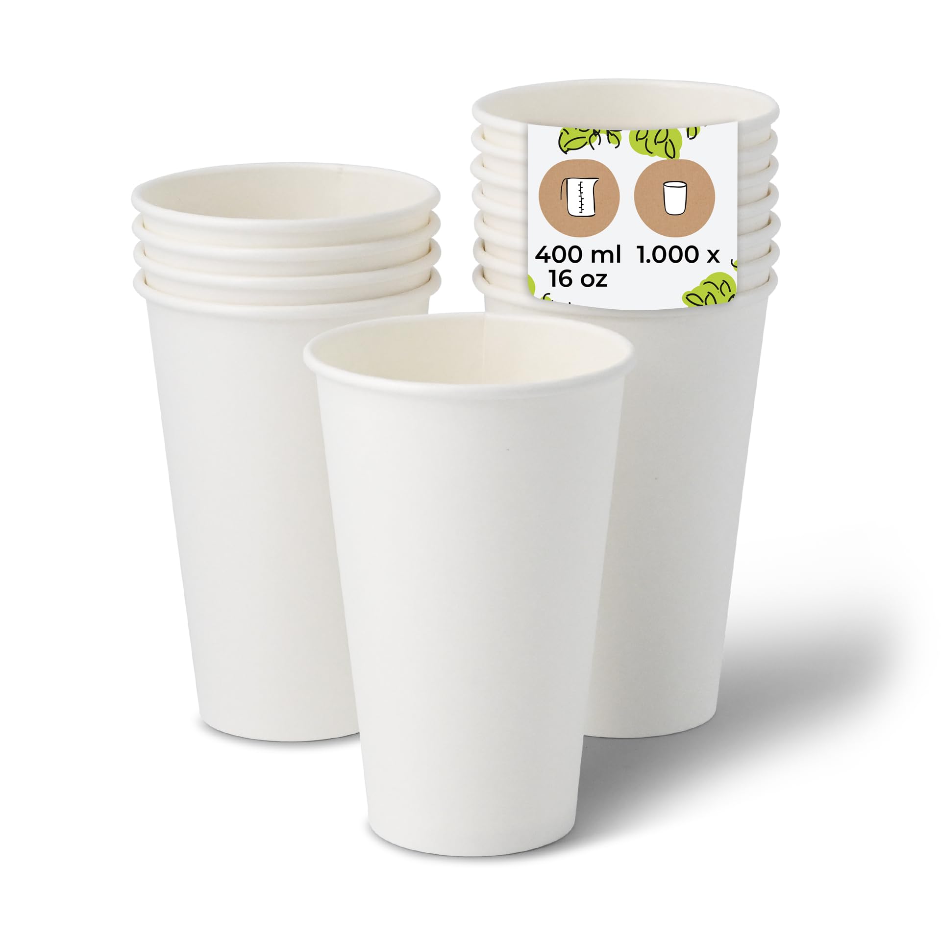 BIOZOYG 1000x vasos desechables 400 ml / 16 oz, Ø 90 mm blanco - vasos cafe sin plástico y con materiales sostenibles - vasos cafe desechables