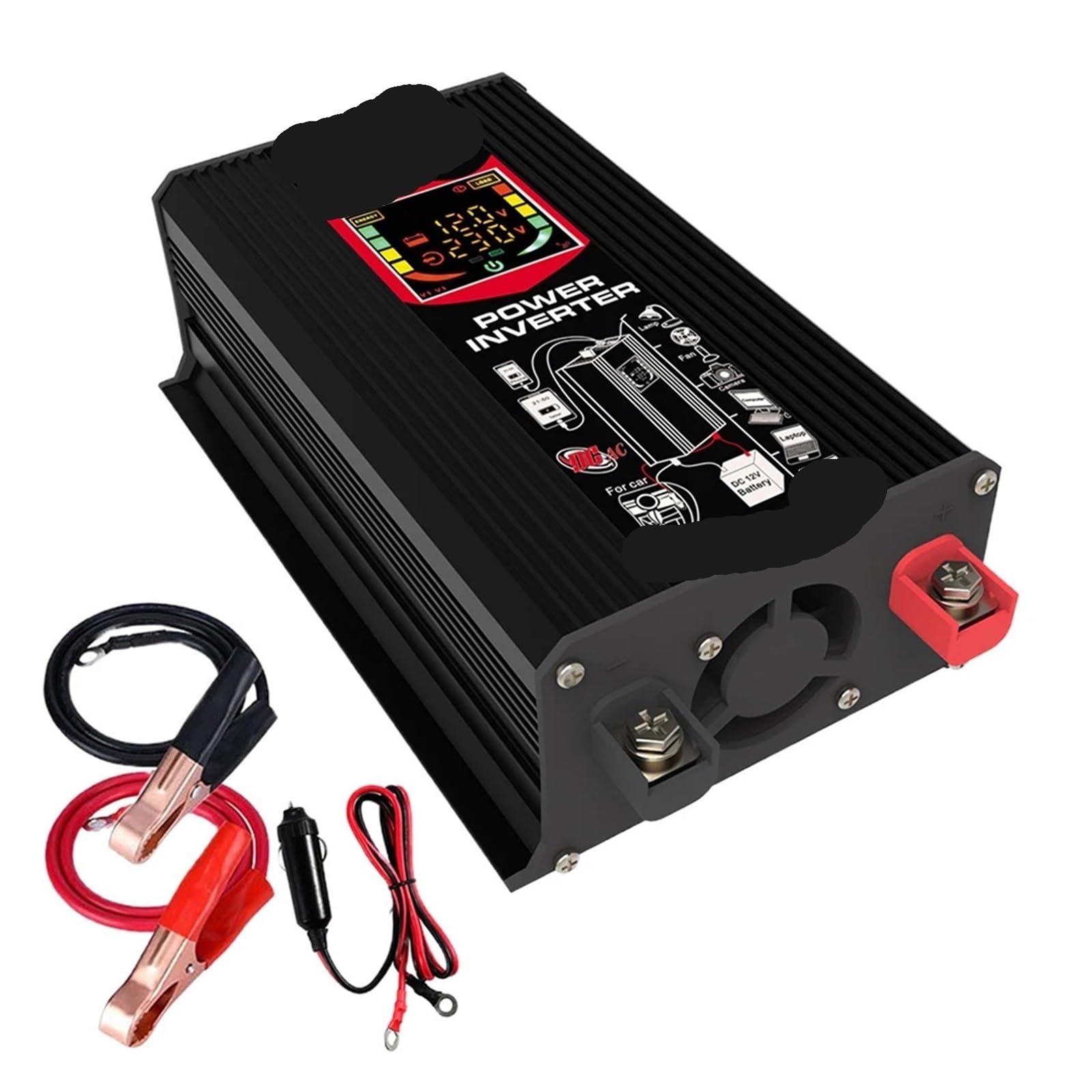 Falownik mocy 6000W Inwerter samochodowy Modyfikowany sinusoidalny przetwornik mocy Podwójny transformator napięcia USB DC 12V do AC VV Wyświetlacz LCD kampera(Black12V)