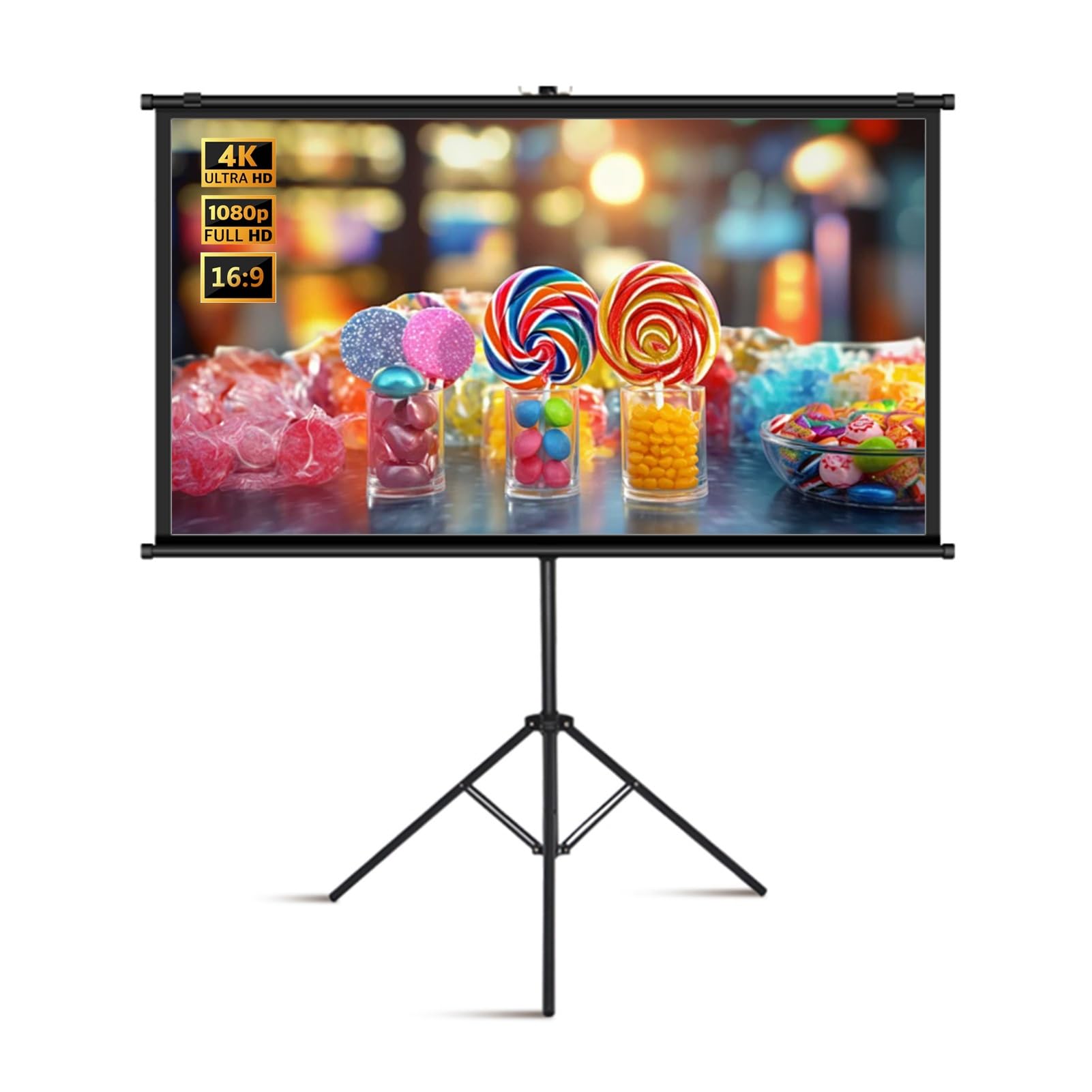 Schermo di Proiezione Mobile da 84 pollici 4K Ultra HD con Supporto a Treppiede, Telo Cinematografico Montato a Parete 16:9 per Casa Ufficio Teatro