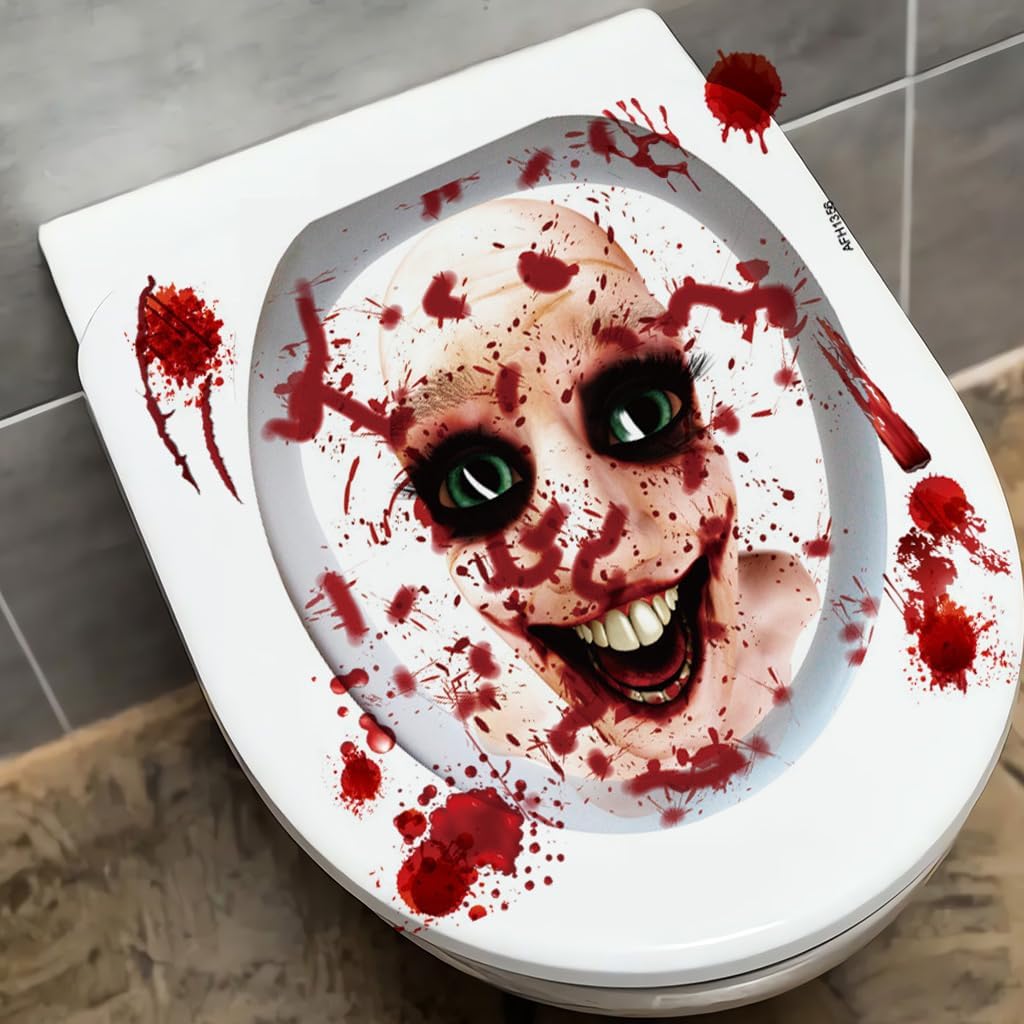 Halloween Toilet Seat Sticker 3D Scary Bloody Toilet Lid Decals Self-Adhesive Removable Stickers for Halloween Bathroom Home DIY Decoration Halloween Party Supplies, Red