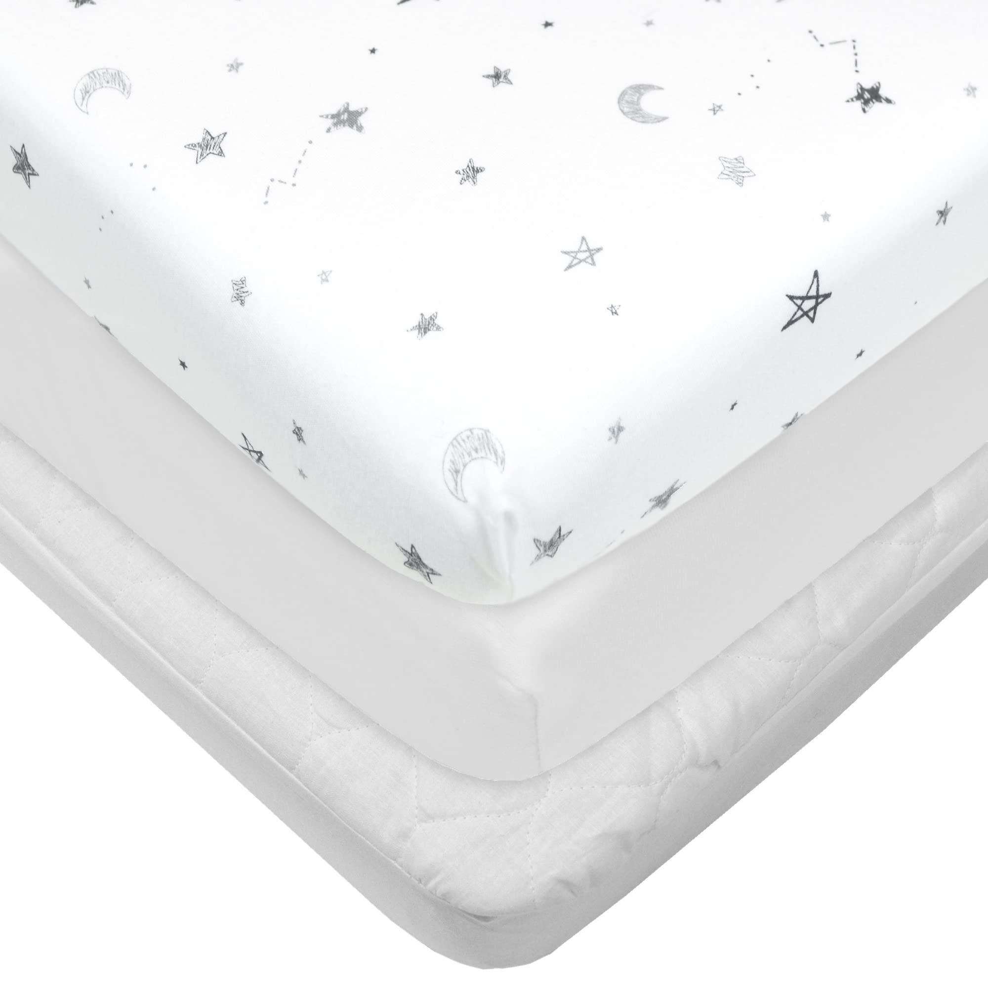 American Baby Company Lot de 2 draps-housses pour couffin 100 % coton et housse de matelas Waterprrof Quitled pour garçons et filles - Motif étoiles grises et blanches