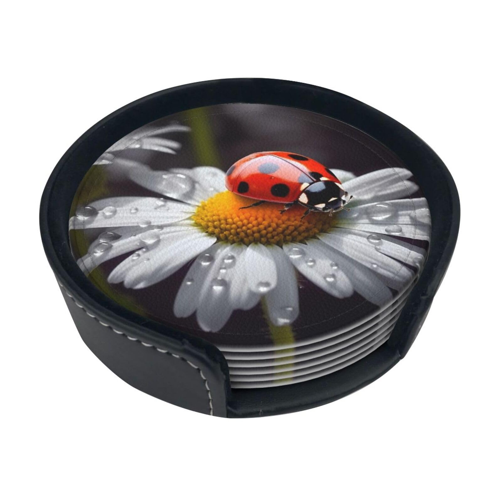 Fodpand White Ladybug On Daisy Flower Drink Coasters Set Of 6 Leather Coasters With Holder Bar Beer Beverage Coaster For Drinks, Absorbent Cup Mat For Tabletop Protection, Housewarming Gift