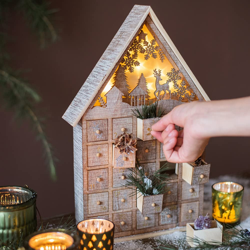 Siqi Countdown To Christmas Calendario de Adviento con luz led de madera, cajonera Candy House