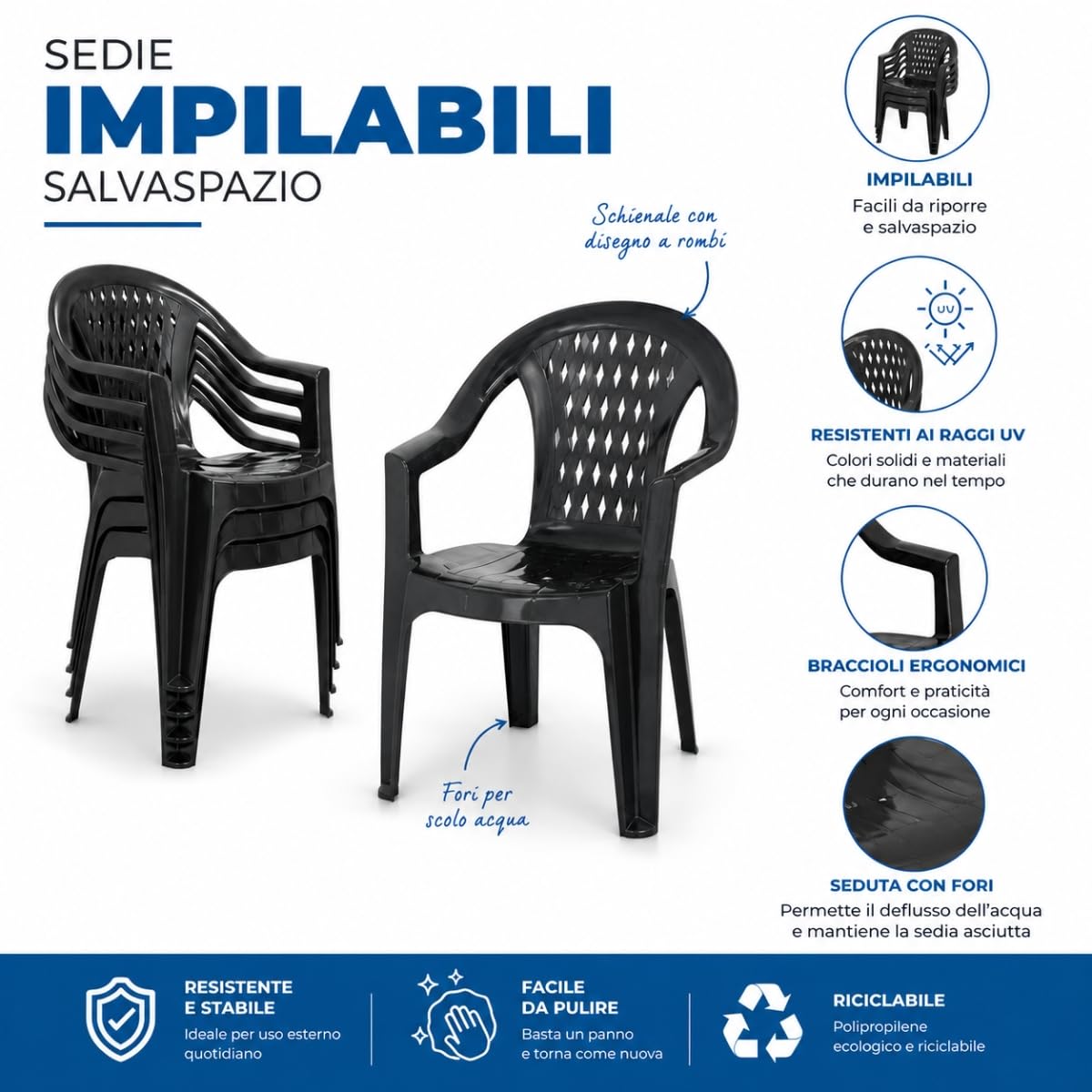 Tomaino Marshall Tavolo e Sedie da Giardino in Plastica 4 Posti ANTRACITE