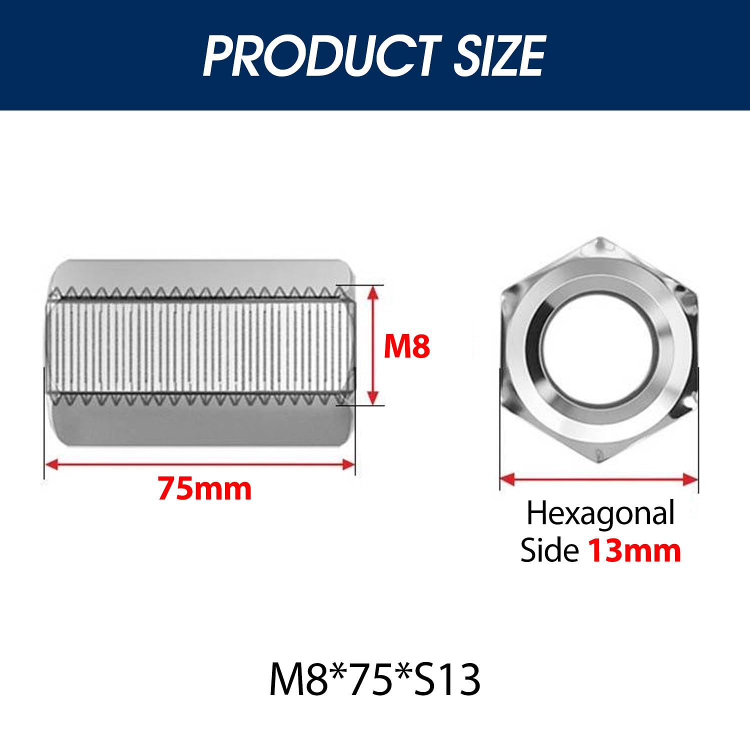 5 Tuercas Acoplamiento M8x1.25 Acero Inoxidable 304 Larga 75mm | Varilla Hexagonal Rosca Hembra 13mm OD para Unión de Componentes