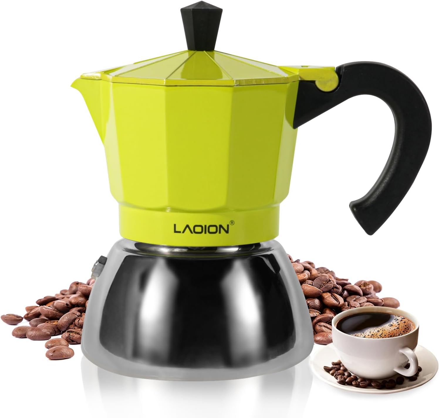 LAOION Stovetop Espresso Maker, 3Cup Moka Pot, Espresso Machine Compatible with Induction Cooktops, 150ml Stainless Steel & Aluminum Cuban Coffee Maker for Cafetera Cubana, Green