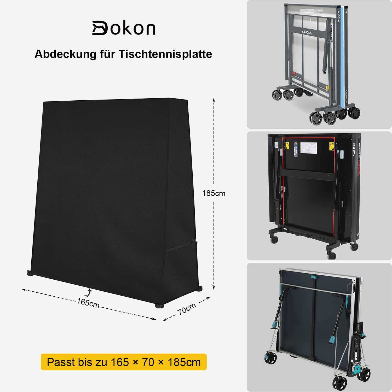 Dokon Abdeckung für Tischtennisplatte Wasserdicht Tischtennistisch Schutzhülle Robustes 420D Oxford-Gewebe Winddicht Anti-UV Ping Pong Tisch Hülle für Outdoor/Indoor, 165x70x185cm - Schwarz