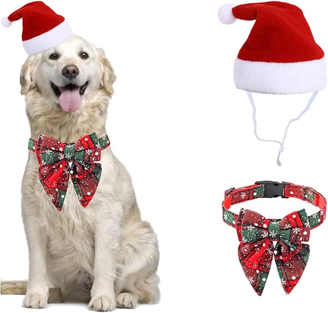 BT Bear 2 Pack Christmas Pet Dress up Dog Snowflake Bow Tie Collar with Santa Hat, Adjustable Pet Xmas Collars for Cats Small Dogs Medium Large Dogs (L,Green)