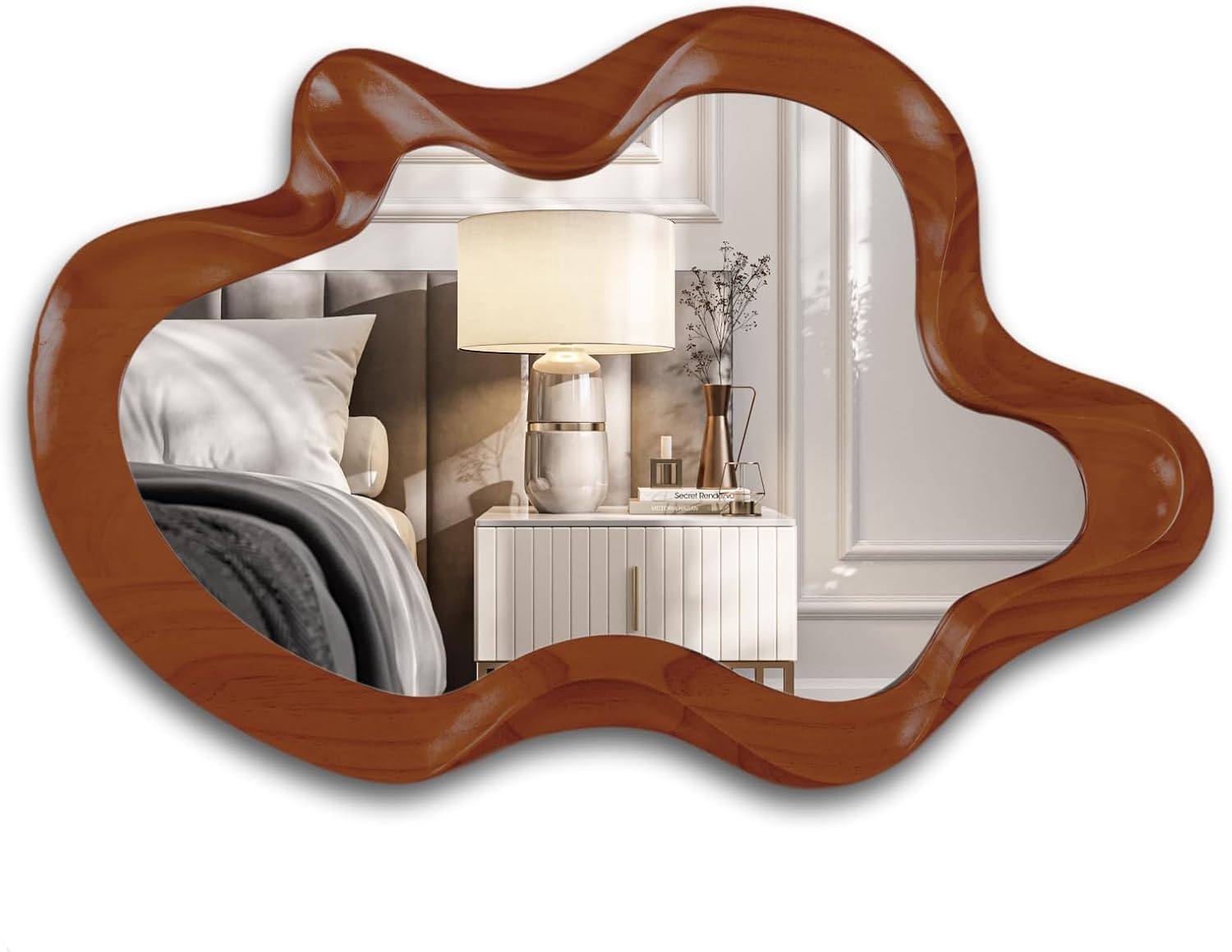 32x 21 Irregular Wall Mirror, Walnut Wooden Framed Asymmetrical Wall Mirror for Living Room Bedroom Entryway Bathroom Modern Decorative Hanging Hooks