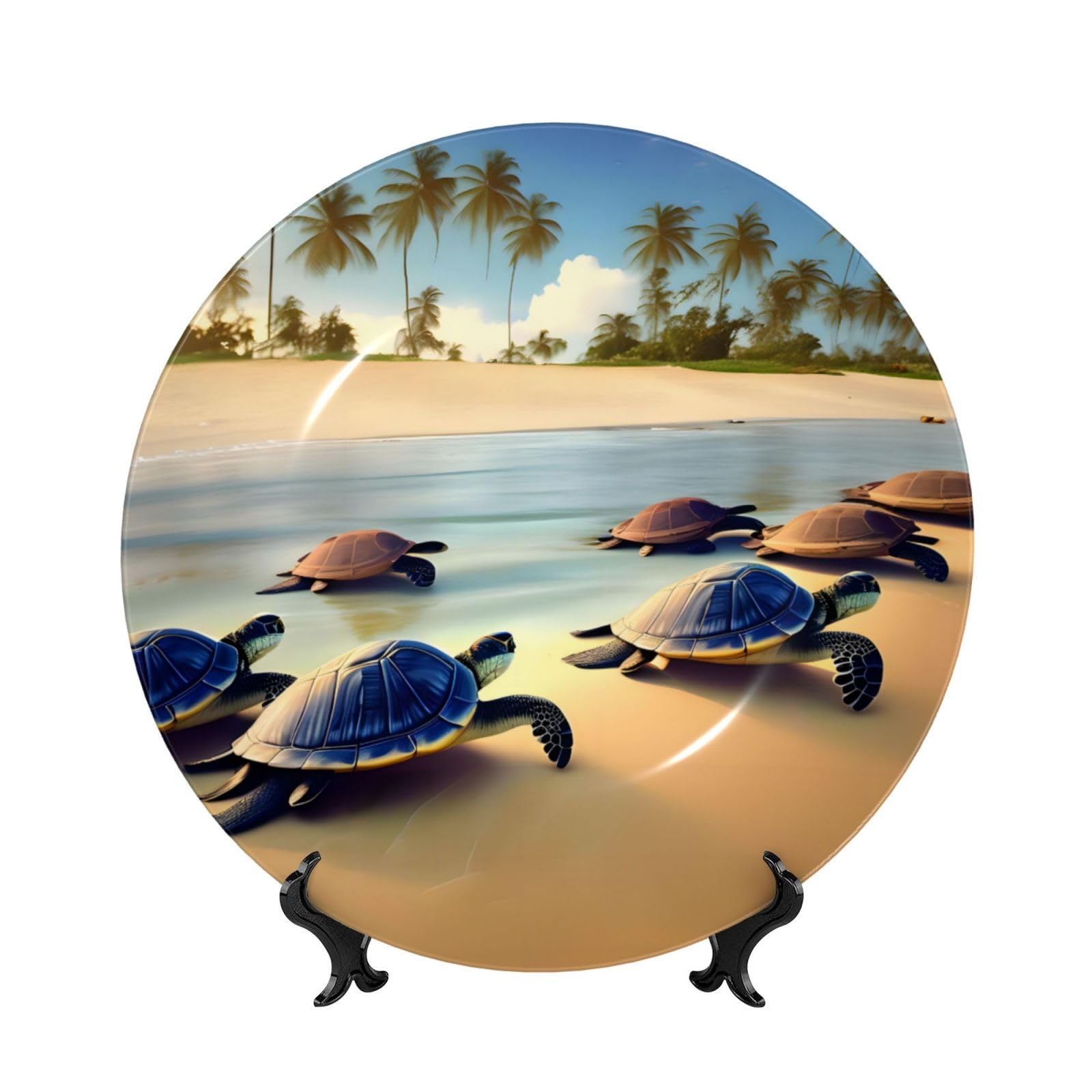 SXZVVBN turtles on the beach Bone China Decorative Plate Art with Stand Removable Adhesive Hanging for Home Office 8in（20cm）