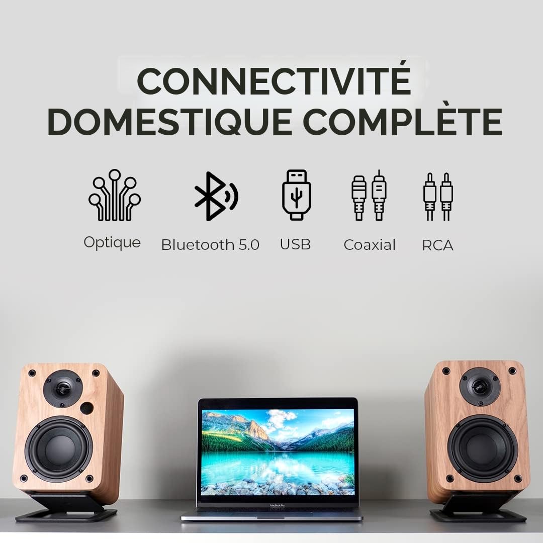 VULKKANO A4 Enceintes Monitoring Active avec Woofer 4", Bluetooth 5.0, Optique, RCA, Coaxial, USB, Haut Parleur de PC au Design Élégant, Couleur Marron