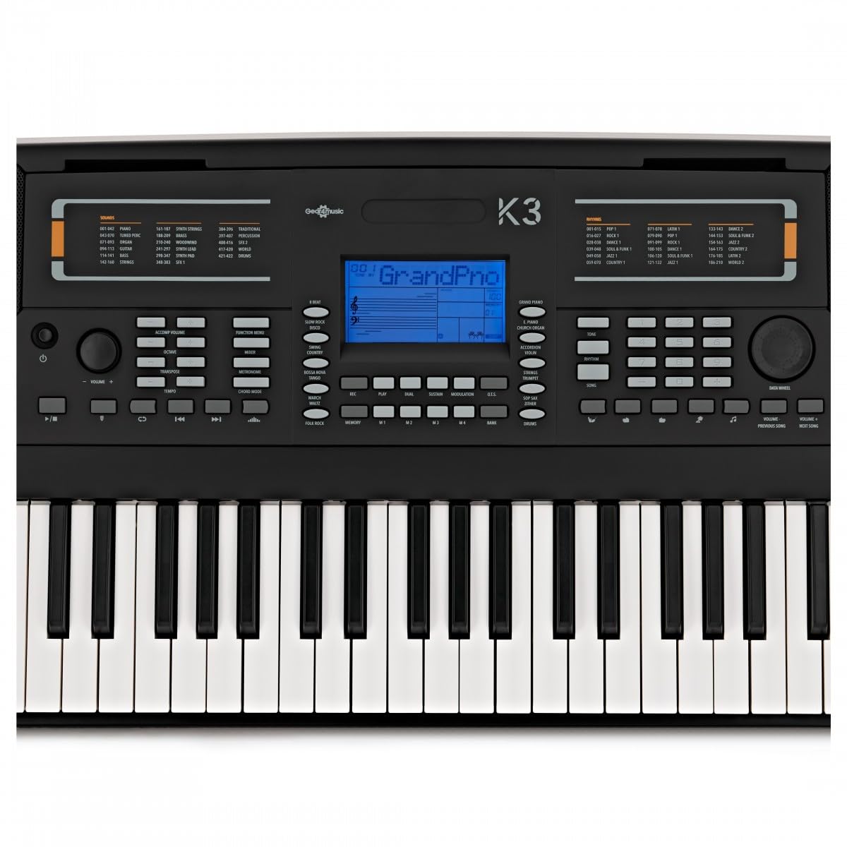 K3 Keyboard mit 61 Tasten von Gear4music, Bundle mit Kopfhörer | 61 anschlagdynamische Tasten mit 64-facher Polyphonie, über 400 Stimmen und 200 Rhythmen, Aufnahme, 8W-Lautsprecher