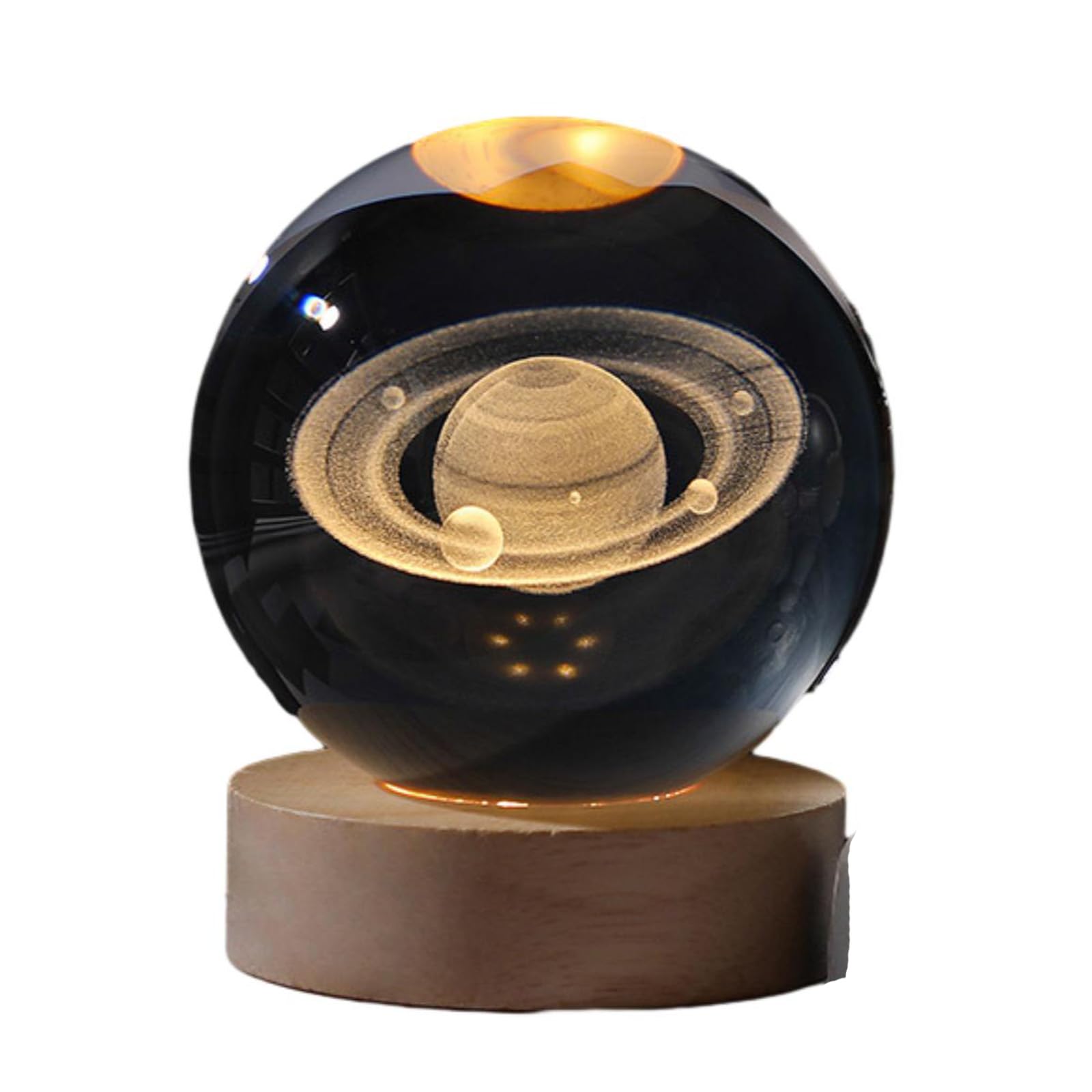 BBTISG 3D Solar System Crystal Ball, 3D Planet Model Night Lights with Wooden Base Solar System 3D Crystal Ball Mood Light or Kids Friends Birthday (Saturn)