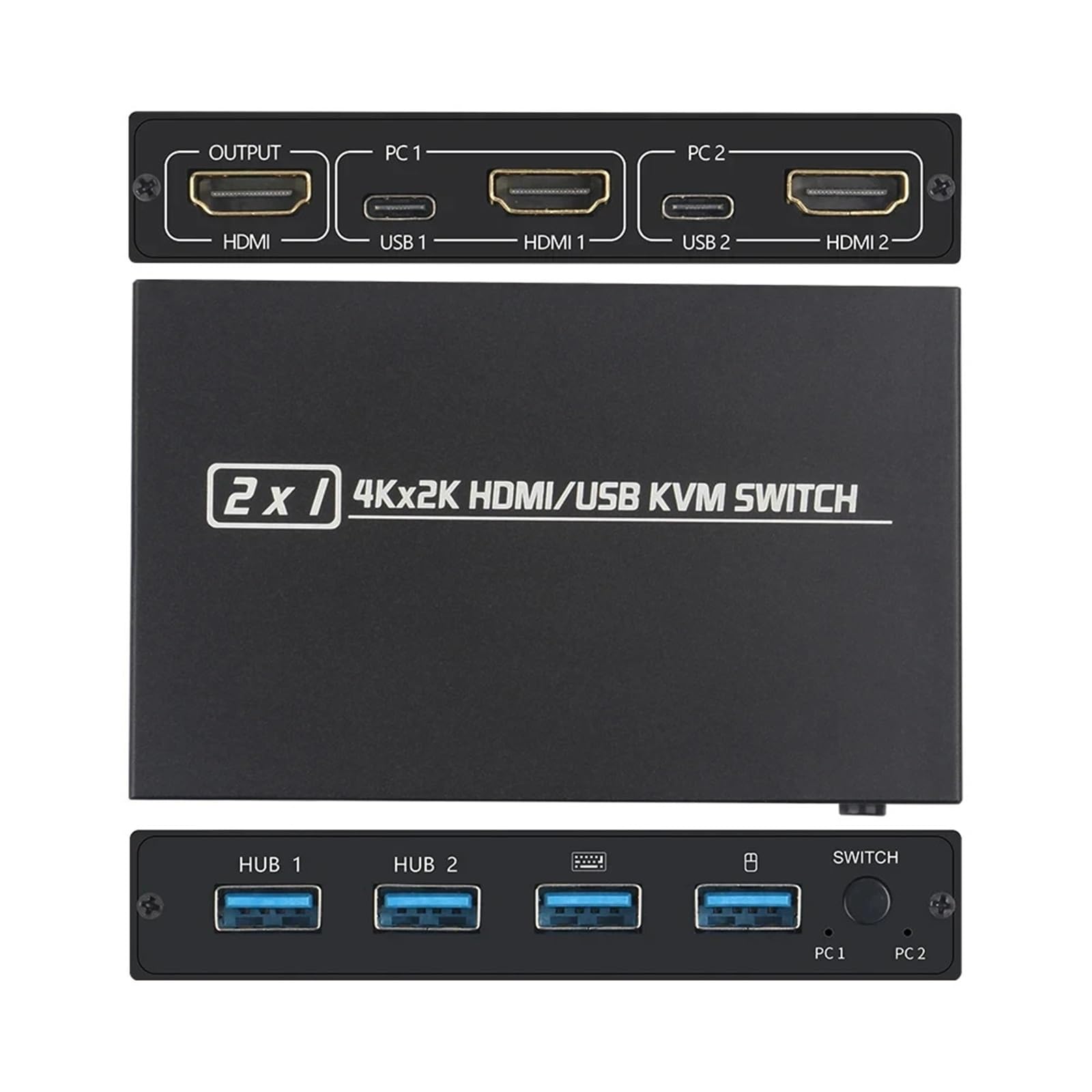 Conmutador KVM USB 2.0 4K, 2 en 1 salida HDMI+USB KVM compatible con HD 2 computadora compartida 1 monitor 1 juego de teclado mouse impresora