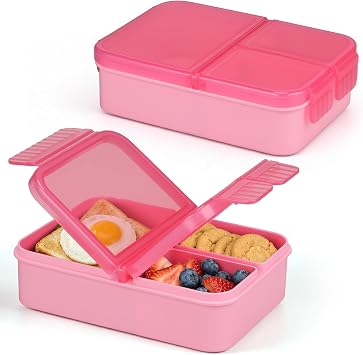WyfKyd 2PACK Snack Box Container for Kids Adults Reusable Lunch Box with 3 Compartents Toddler Leak Proof Portable Bento Lunch Box for Office,School,Travel,Outdoor - Pink