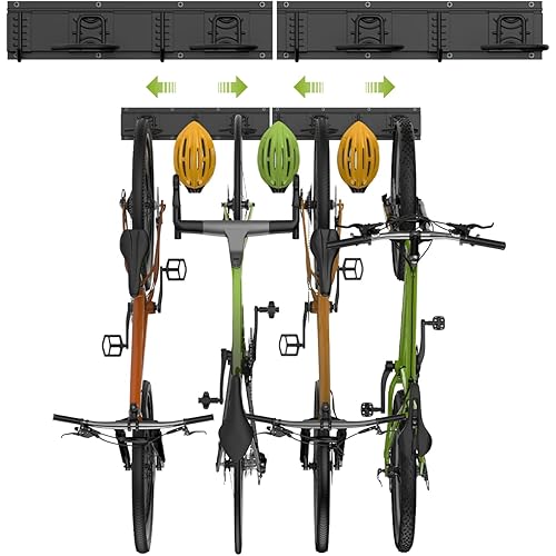 Bike Storage Rack 32Inch for 4 Bikes + 3 Helmets, Up to 300lbs, Heavy Duty Bike Hangers for Garage, Bike Hooks for Garage, Solid Steel Bicycle Storage, Bike Wall Mount, Black