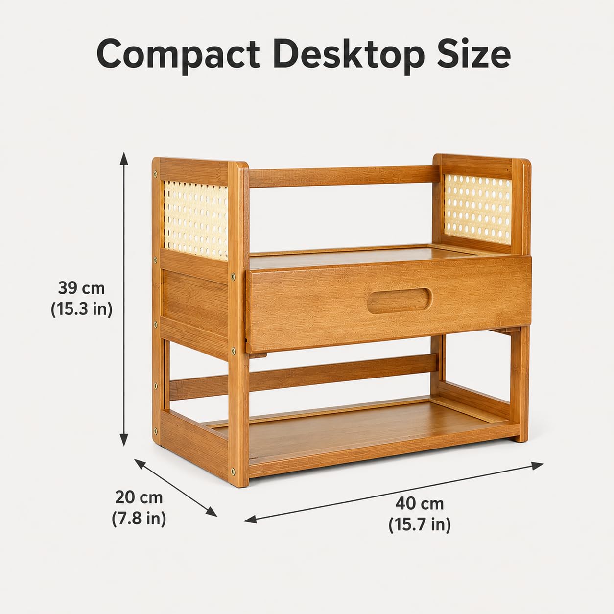 Scaffale da scrivania con cassetto, organizer da tavolo a 2 livelli con cornice in bambù e finto rattan, piccola libreria da ufficio, per caffè Matcha, tazze, libri, soggiorno e ufficio