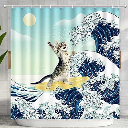 Funny Cat Shower Curtain, Surfer Cat Shower Curtain Battle Blue Ocean Great Wave for Bathroom with 12 Hooks, Polyester Fabric Shower Curtains Set Waterproof Kids Bath Shower Curtain Decorative