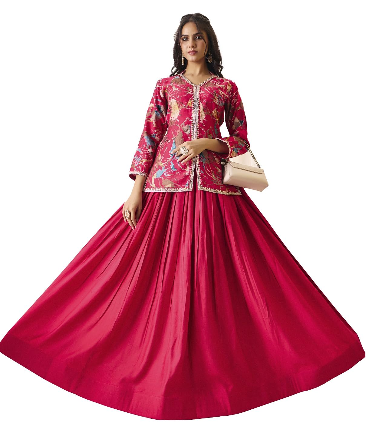 Women'S Vatican Print Top Skirt Set for Women V-Neck Embroidered Ethnic Wear Dress(M-2549 Pink And yellow)-image-12